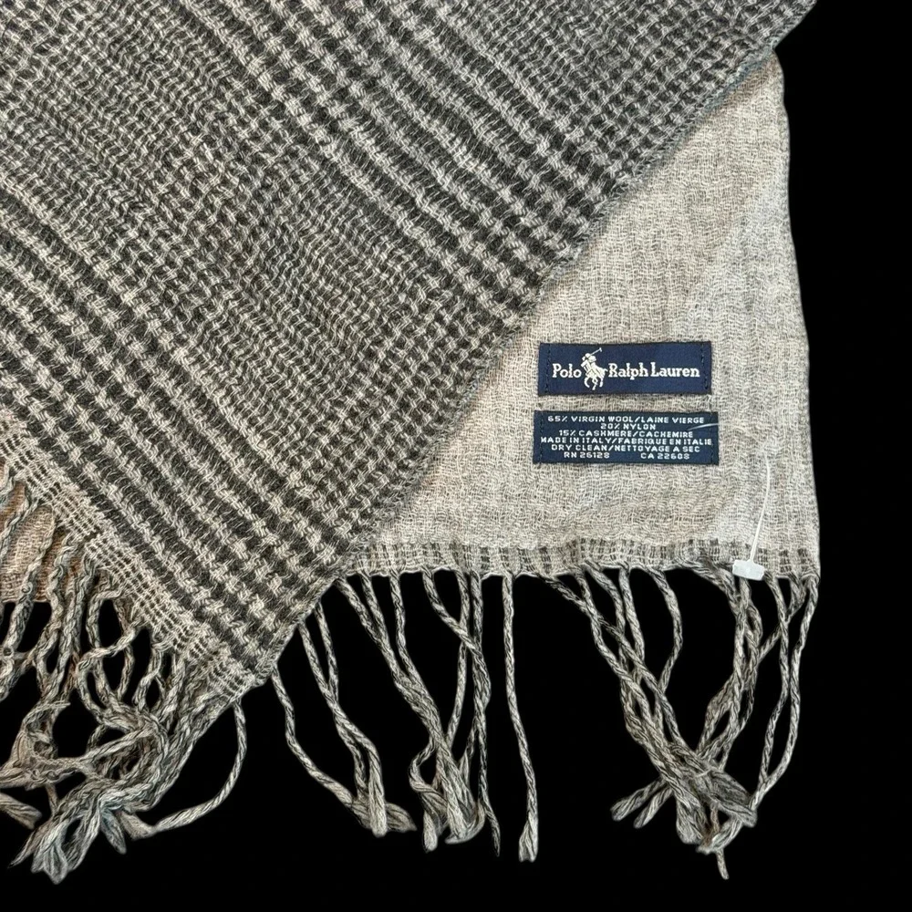 Polo Ralph Lauren Virgin Wool/Cashmere Black Gray Plaid Fringe Scarf Italy 11x70